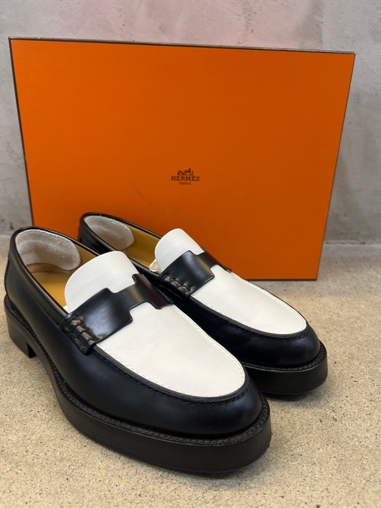 Hermes Other - Hermes Black and White Leather Two-Tone Penny Loafers